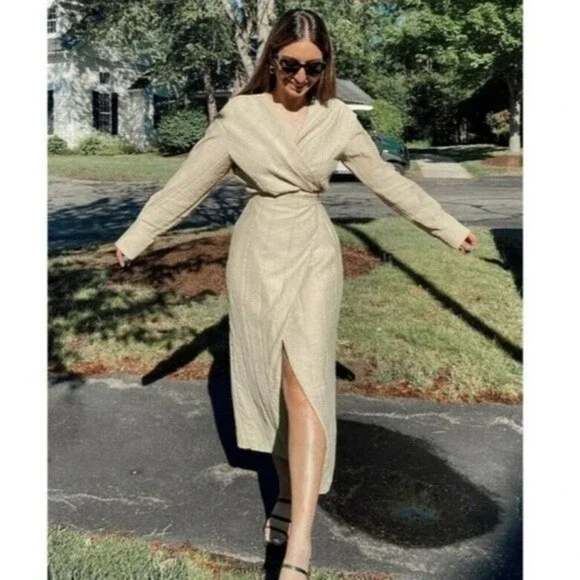 ZARA Dress Wrap Style Textured Midi Long Sleeve - Picture 7 of 15